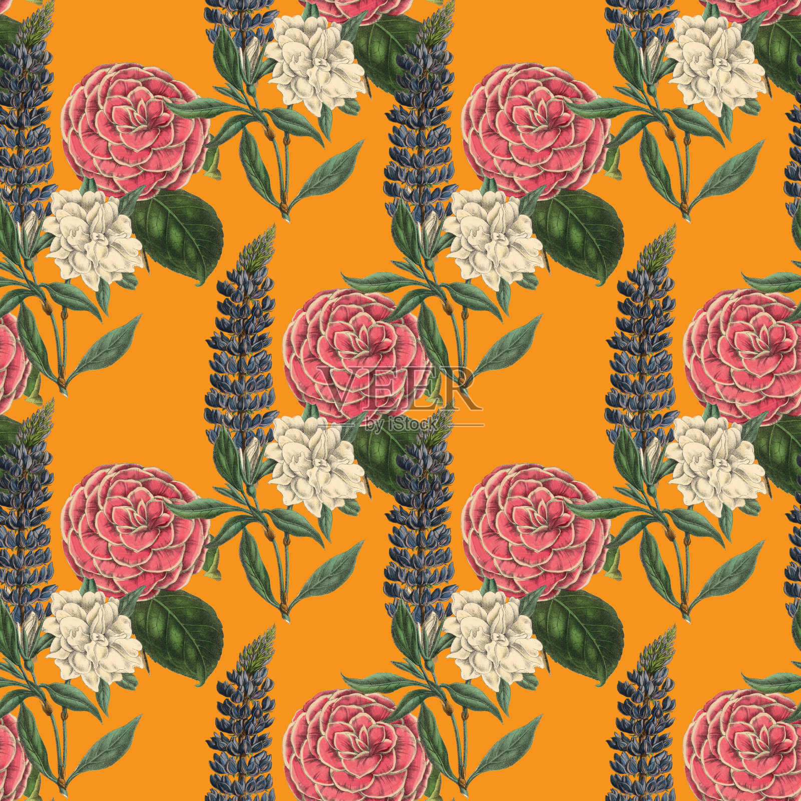 维多利亚植物,手工着色,无缝重复图案。现实的盛开孤立的花复古织物背景。美丽的村舍花园和野花。壁纸巴洛克风格。绘画雕刻。维多利亚时代的插图。插画图片素材