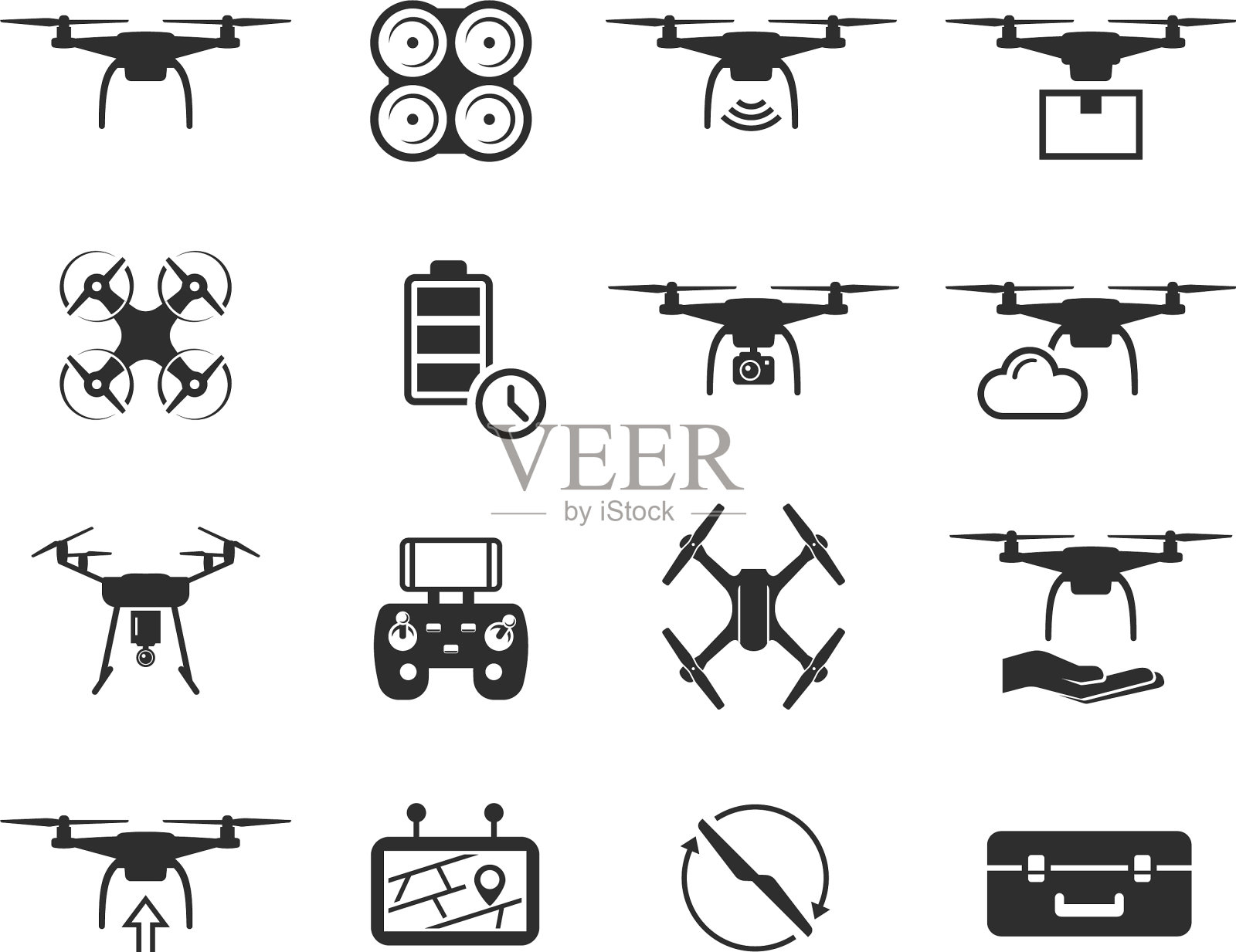 无人机黑色图标集直升机技术和图标素材