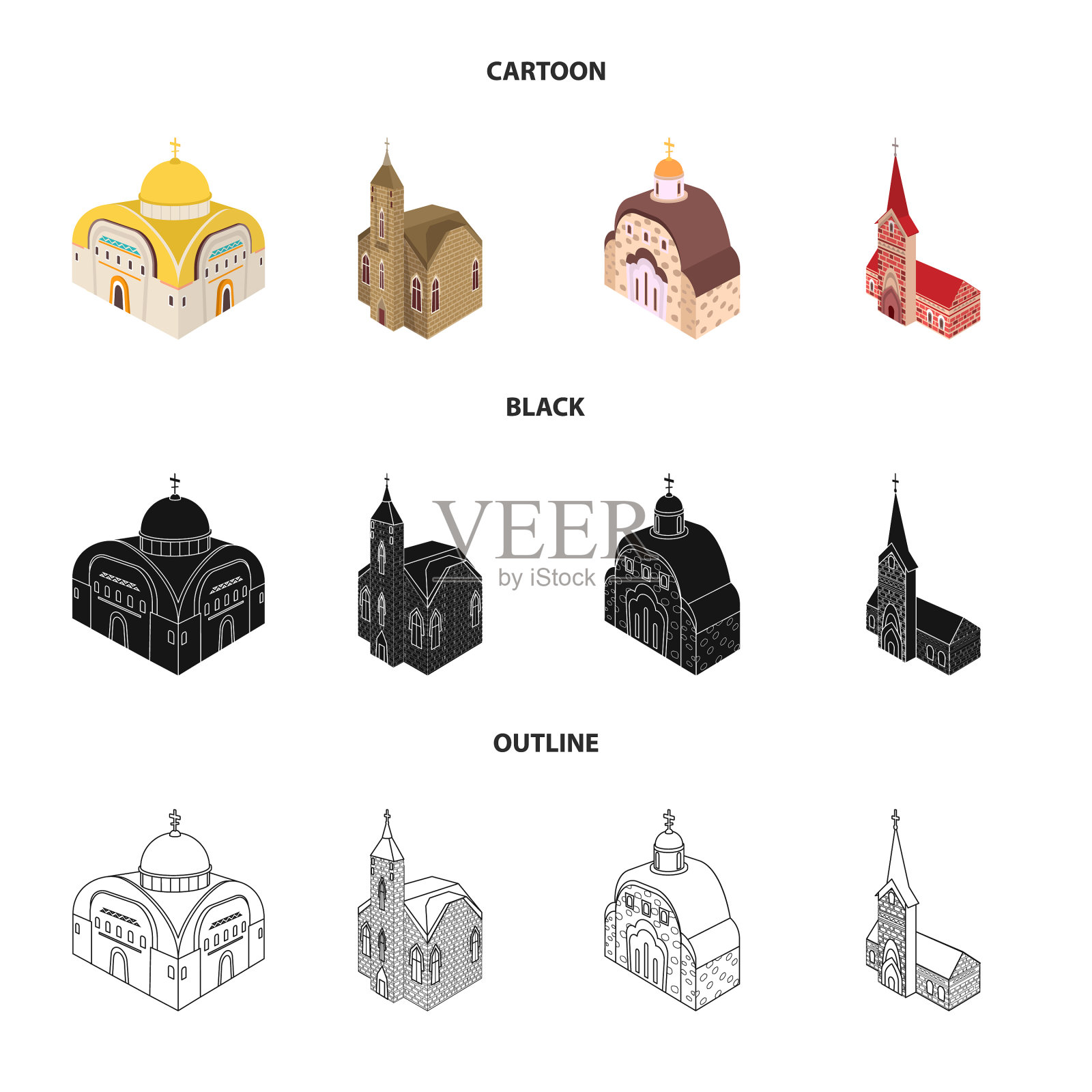 孤立的对象寺庙和历史标志集图标素材