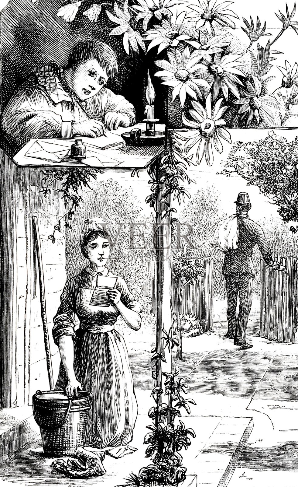 一个女人收到了邮递员寄来的期盼已久的情书插画图片素材