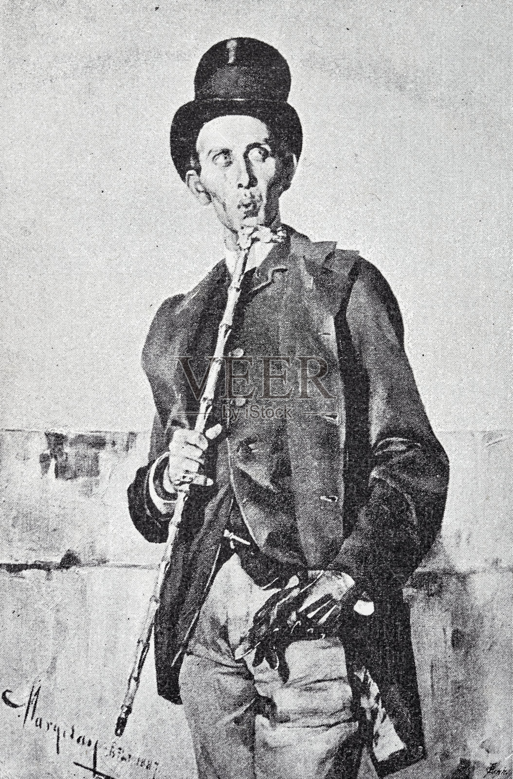 柏油马路上的狮子,年轻优雅的男人戴着一顶烟囱帽,拿着一根拐杖在唱歌插画图片素材