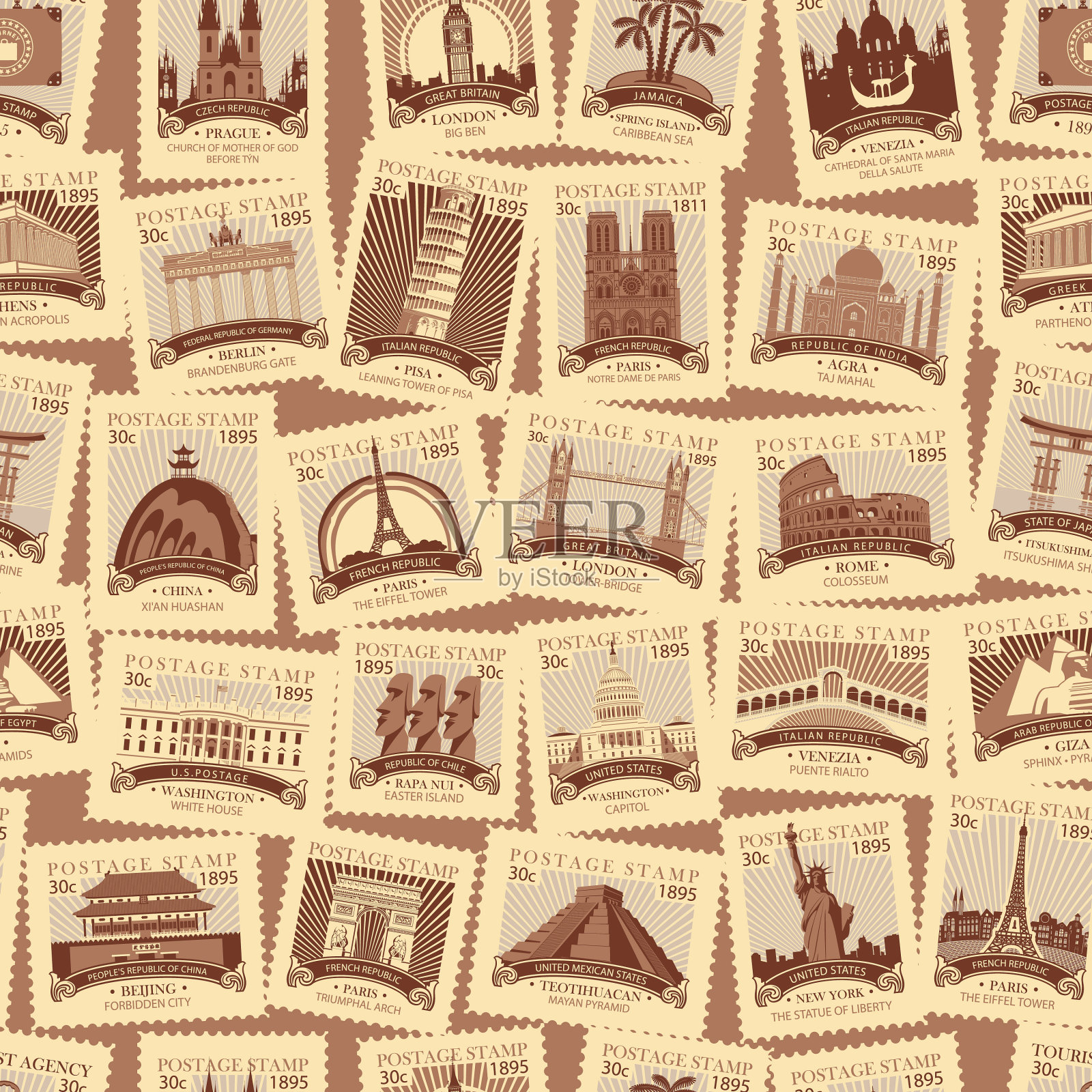 旅行无缝图案与旧邮票插画图片素材