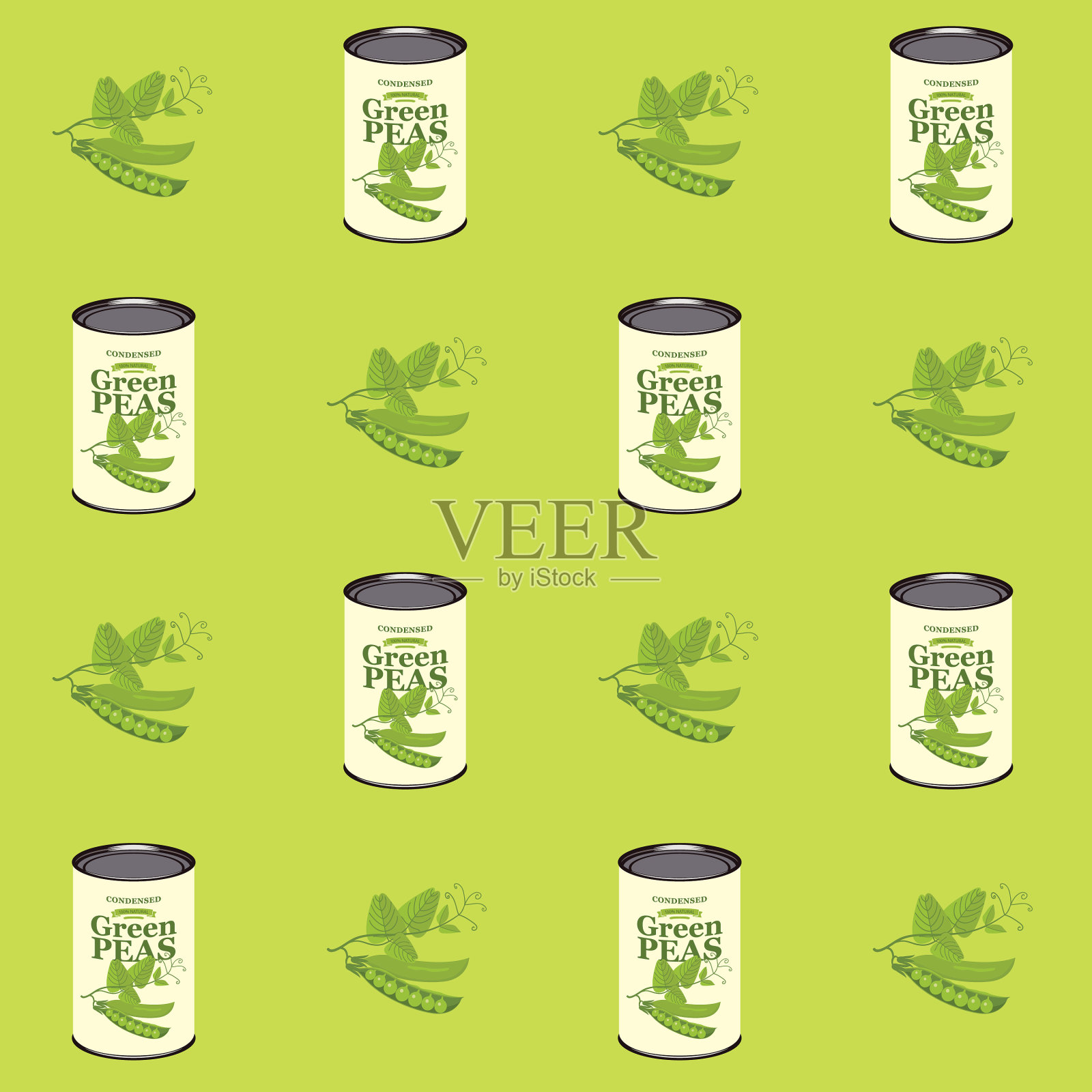 无缝图案与绿色豌豆和锡罐插画图片素材