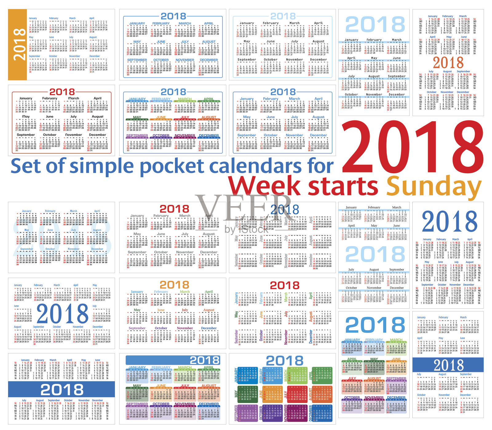 一套简单的口袋日历2018年(2018年)。一周周日设计模板素材