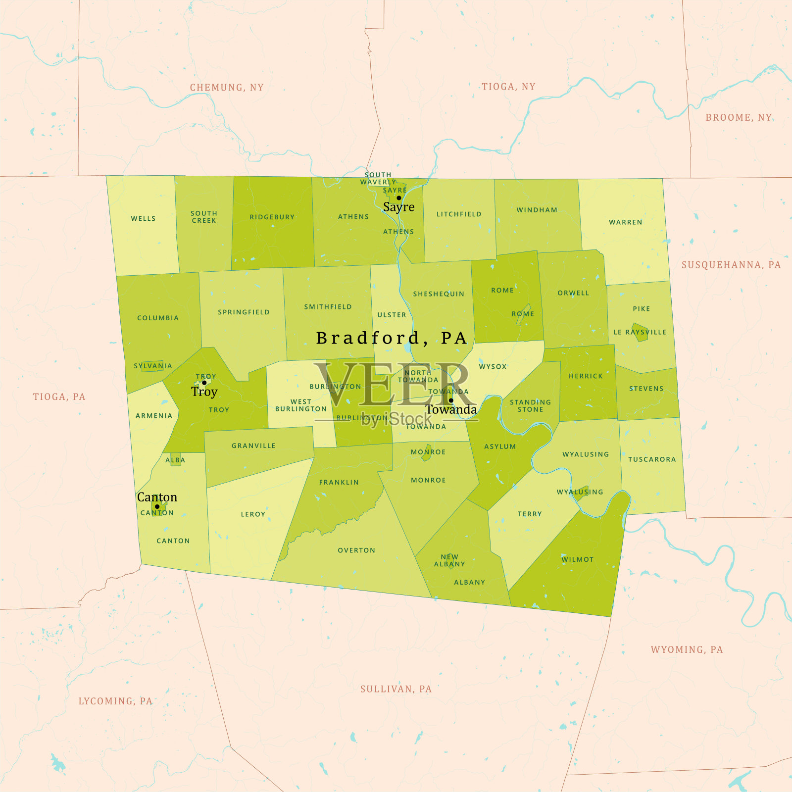 PA布拉德福德县矢量地图绿色插画图片素材