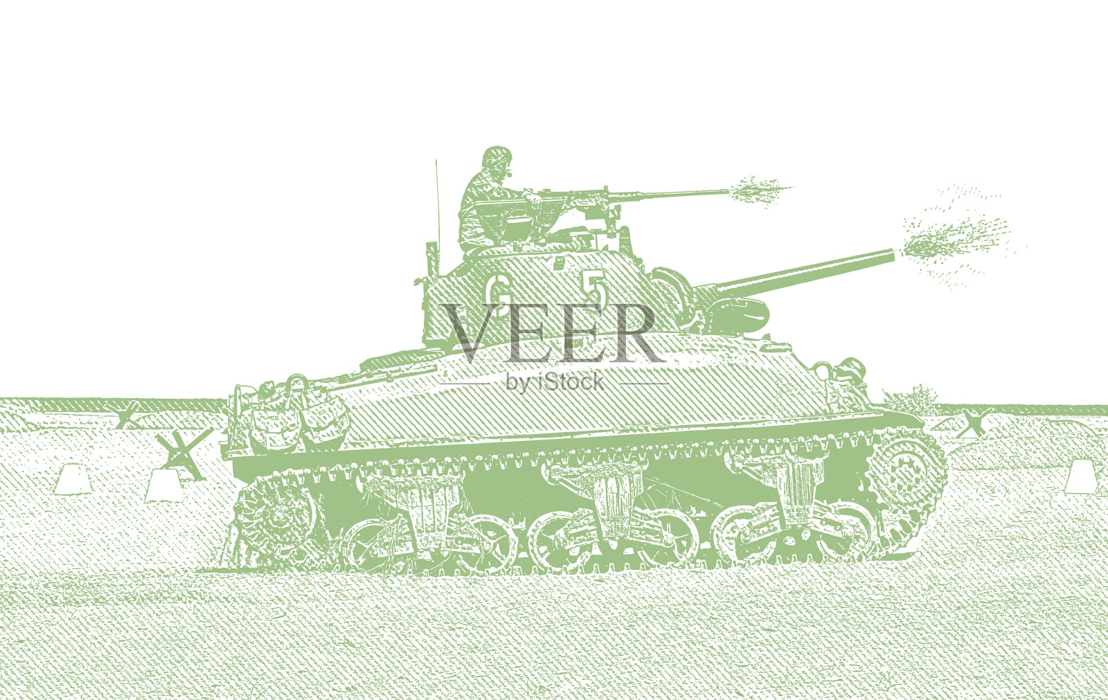 第二次世界大战M5斯图亚特坦克在奥马哈海滩开火插画图片素材