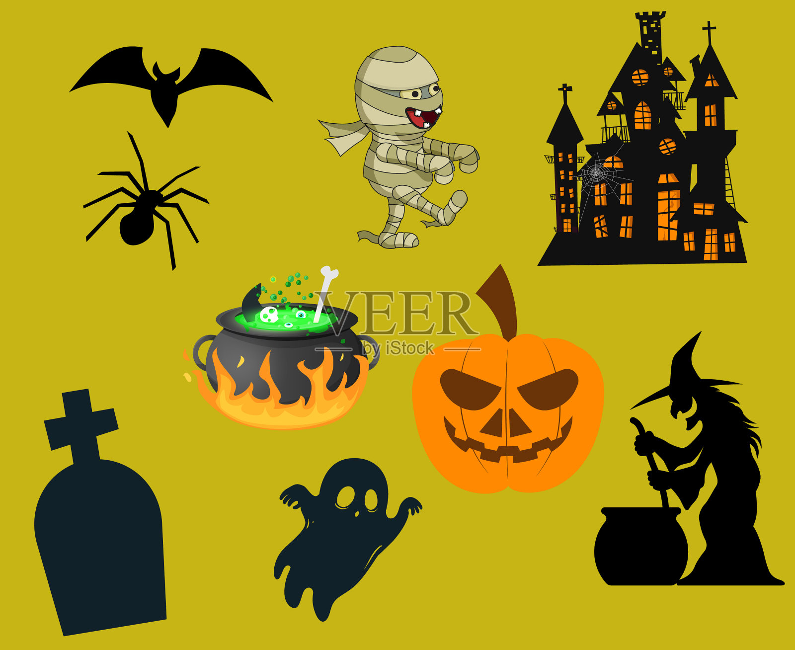 抽象万圣节物品幽灵蝙蝠蜘蛛插画图片素材