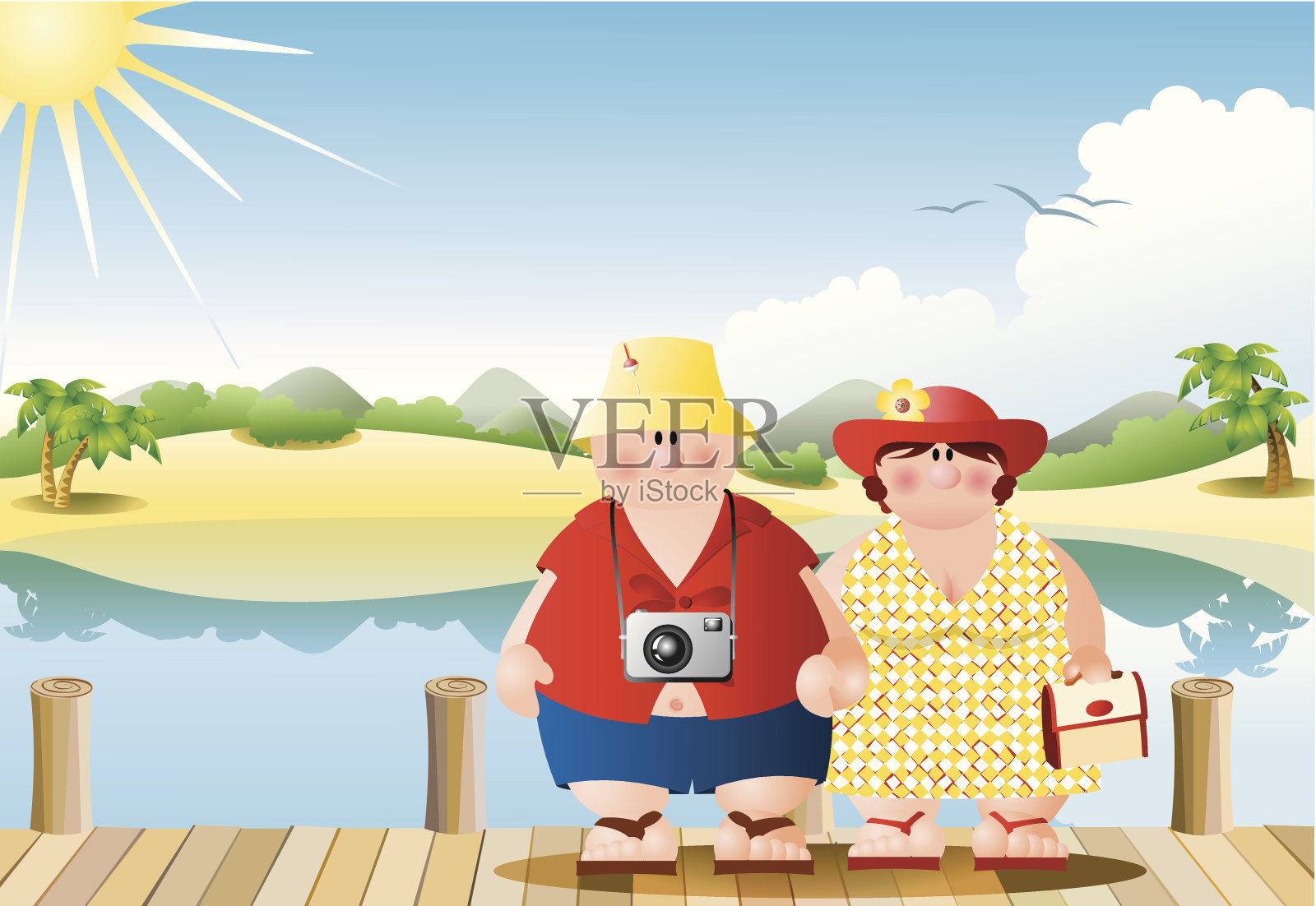 一对情侣在海滩上插画图片素材