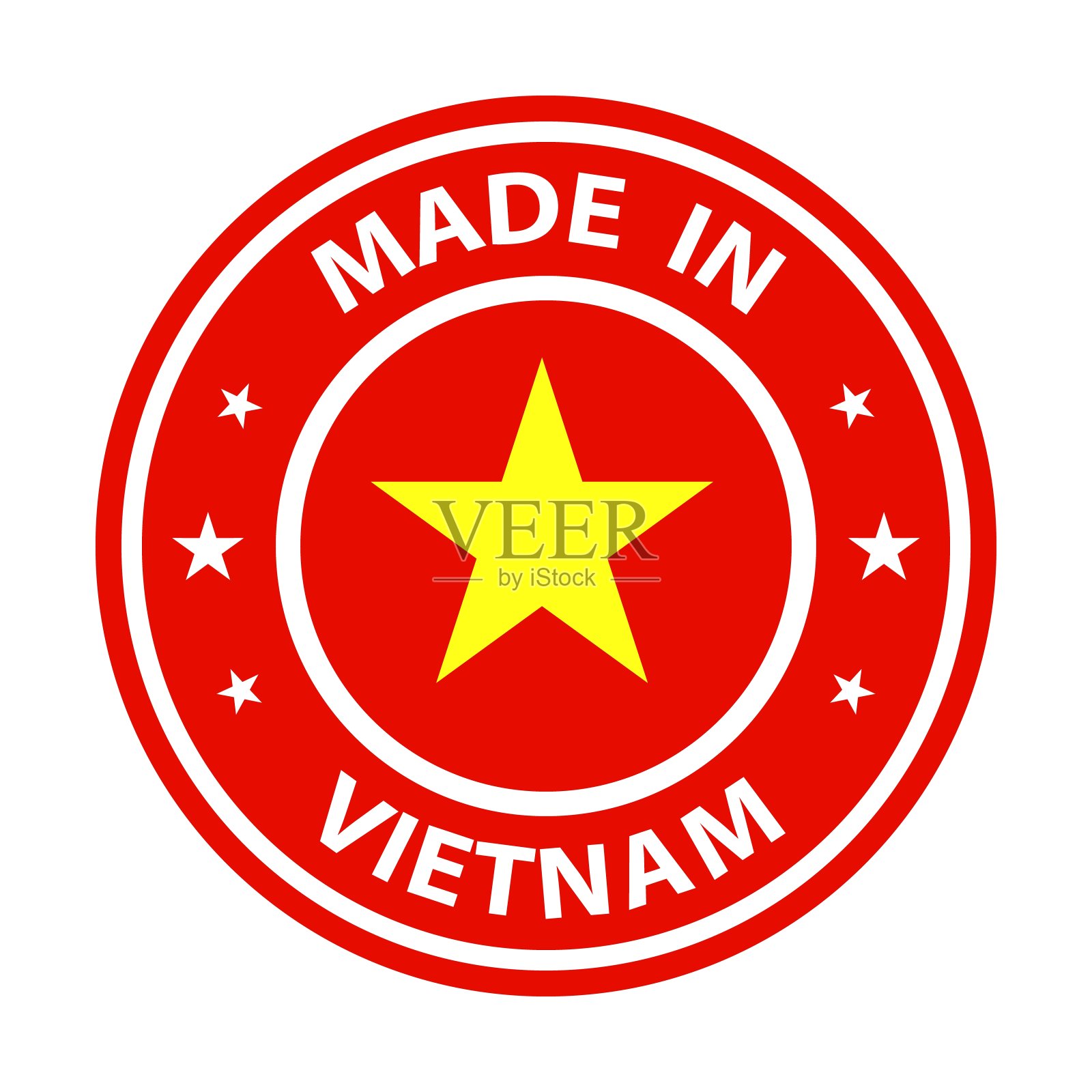 越南制造徽章矢量。有星星和国旗的贴纸。标志孤立在白色背景上。设计元素图片