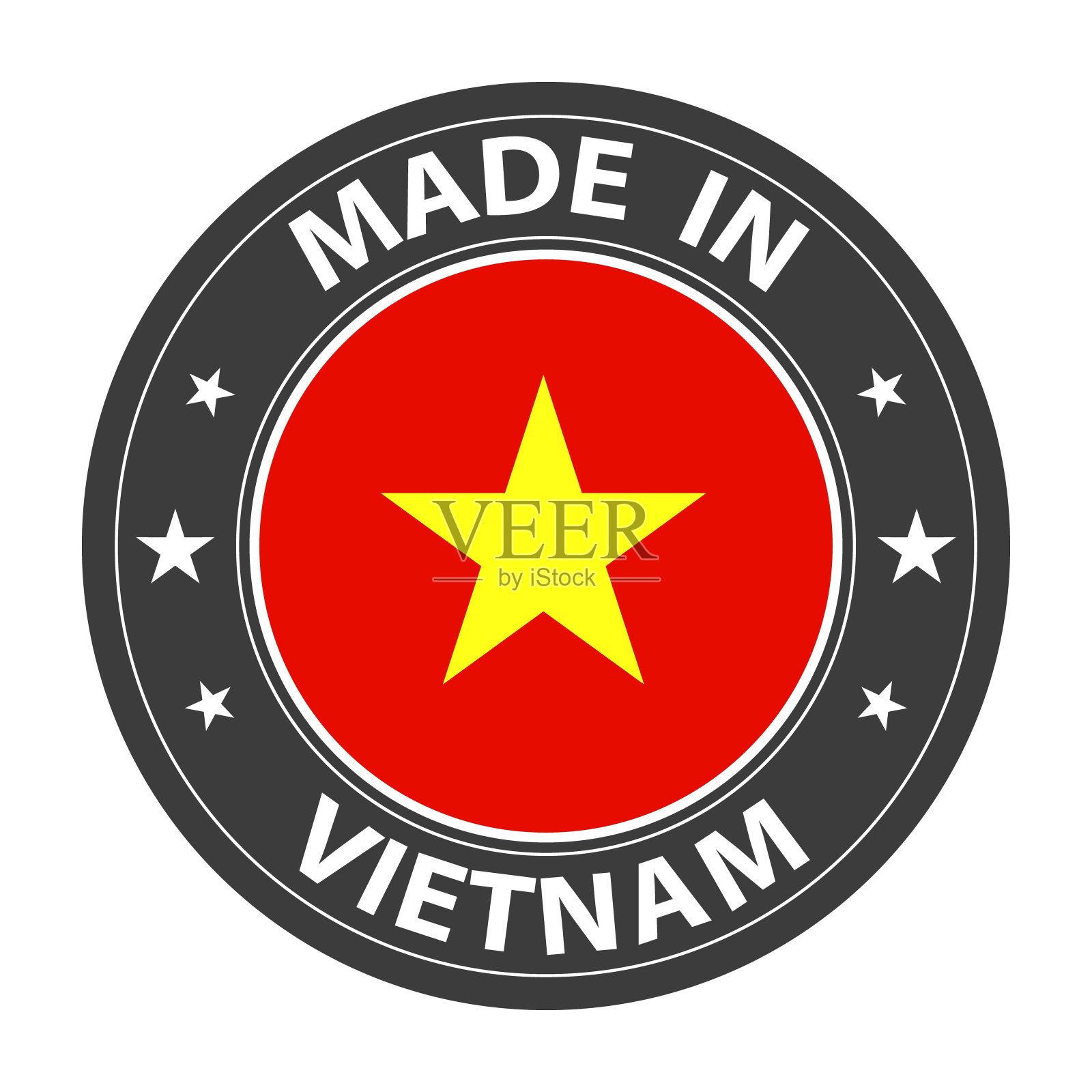 越南制造的徽章向量。贴纸上有星星和国旗。标志孤立在白色背景上。插画图片素材