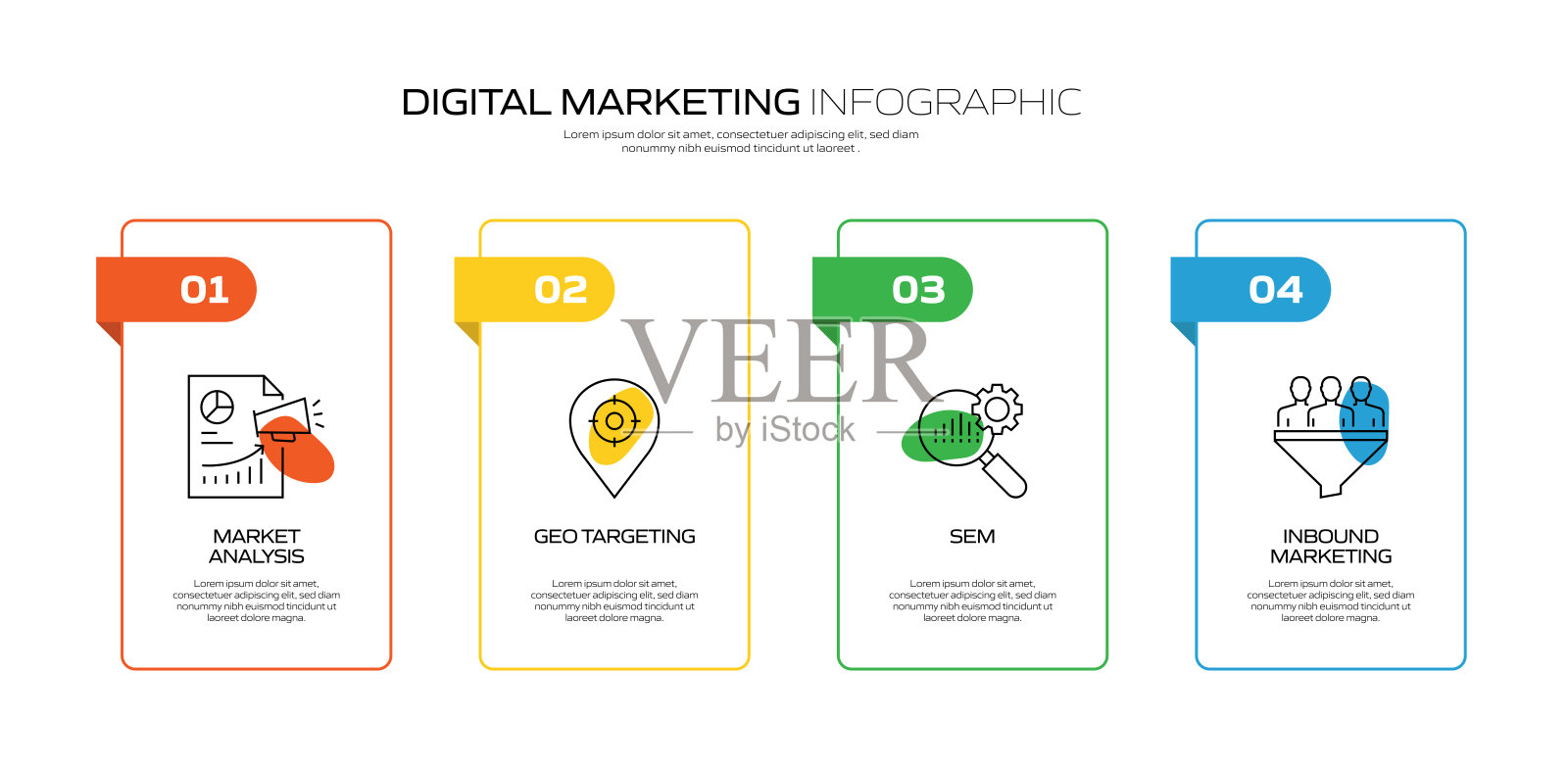 数字营销相关流程信息图模板。过程时间图。使用线性图标的工作流布局插画图片素材