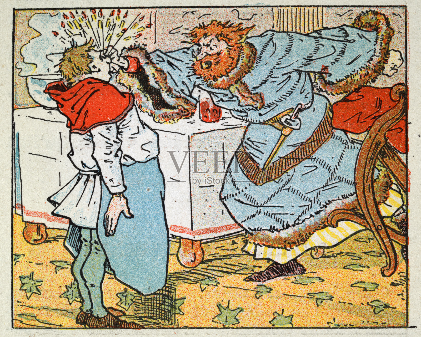 古老的插图,中世纪贵族愤怒不安捏仆人鼻子的漫画插画图片素材