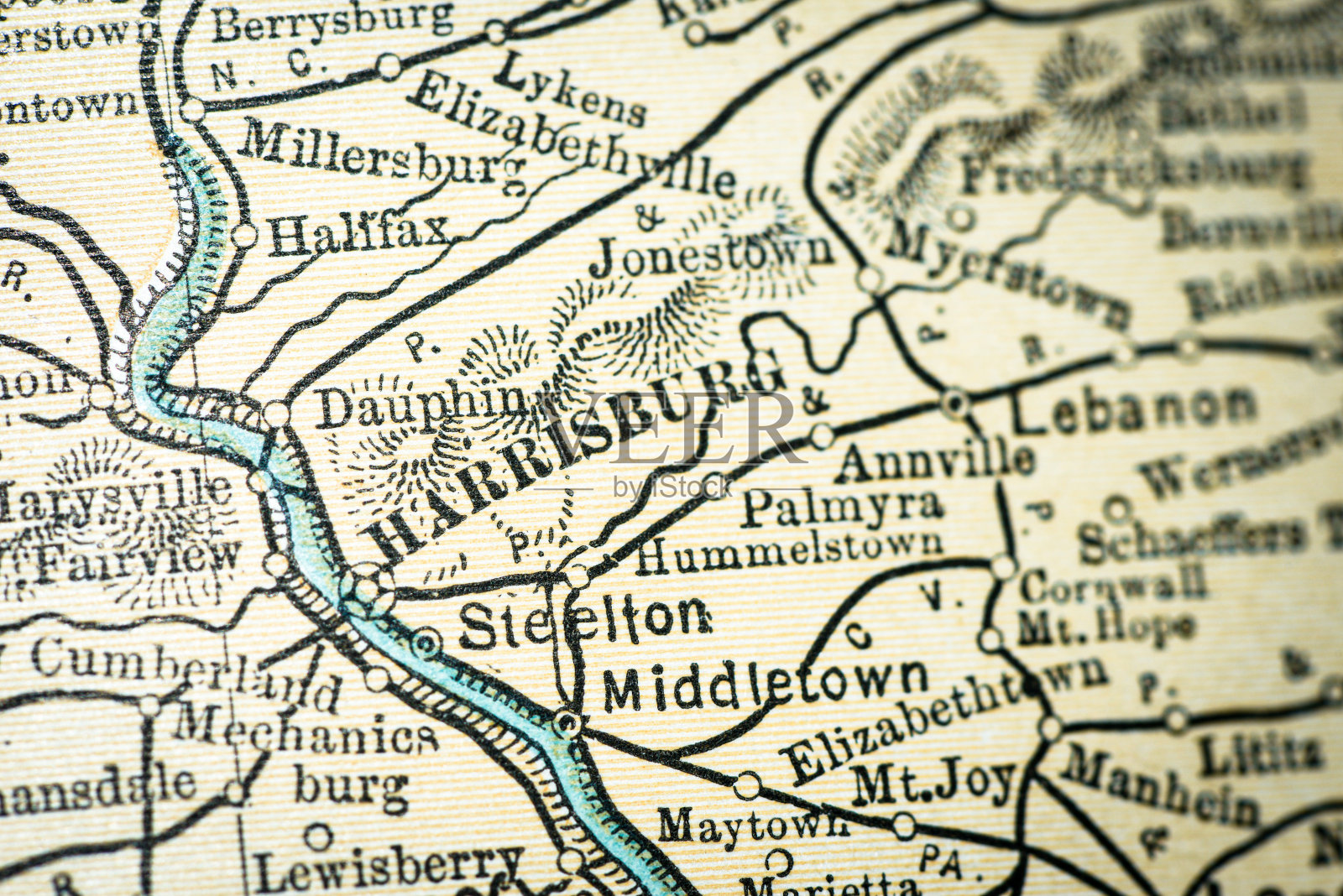 古董美国地图特写细节:哈里斯堡,宾夕法尼亚州插画图片素材