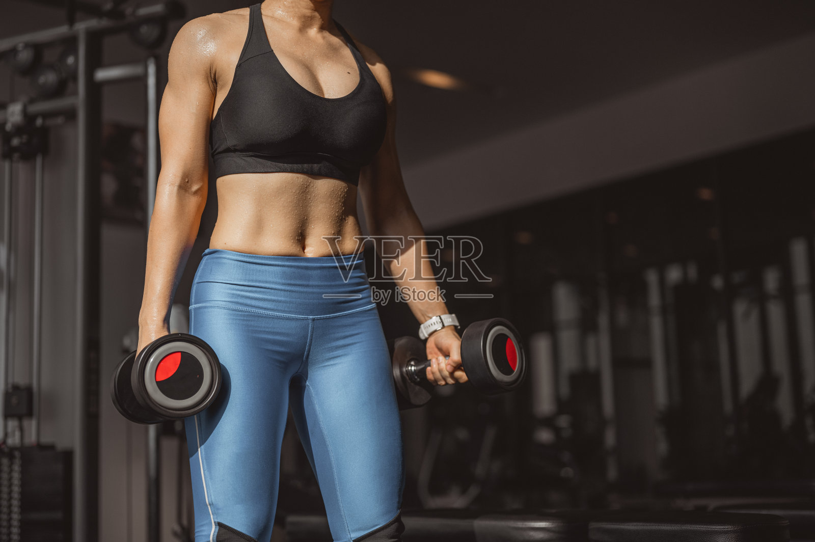 早上在健身房,健身的亚洲女性举着哑铃准备姿势。她穿着黑色的运动胸罩。照片摄影图片