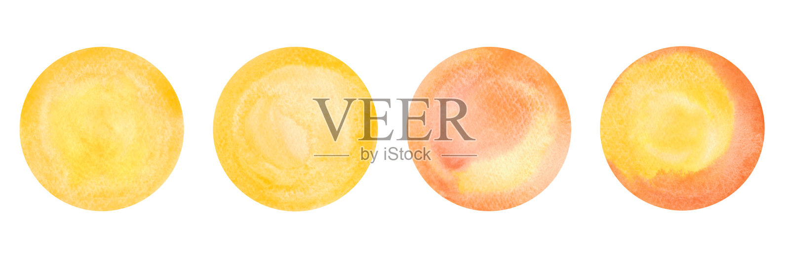 水彩画,多色黄橙色的圆圈,斑点与梯度隔离在一个白色的背景。照片摄影图片