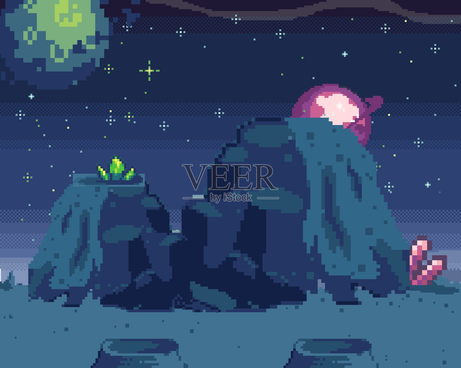 像素艺术中的宇宙场景。空间和山脉的背景。神奇的星球景观插画图片素材