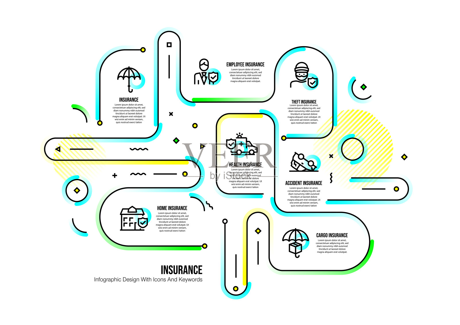 信息图表设计模板与保险关键字和图标插画图片素材