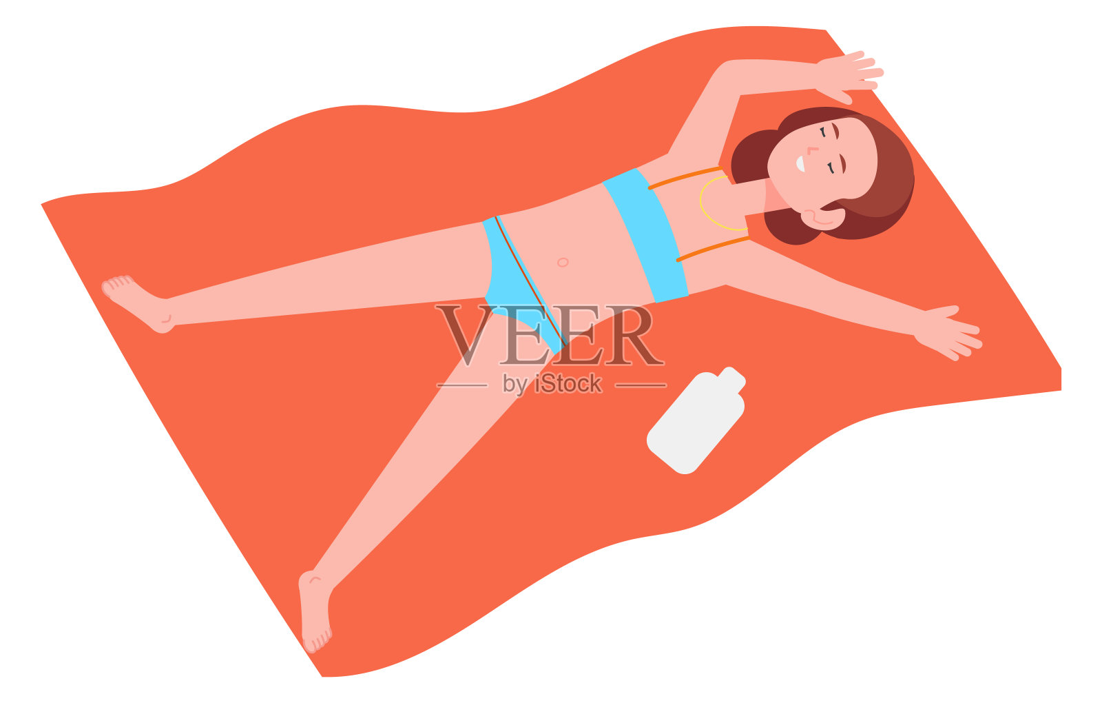 睡在沙滩浴巾上的快乐女孩。孩子孤立地躺在白色地板上插画图片素材