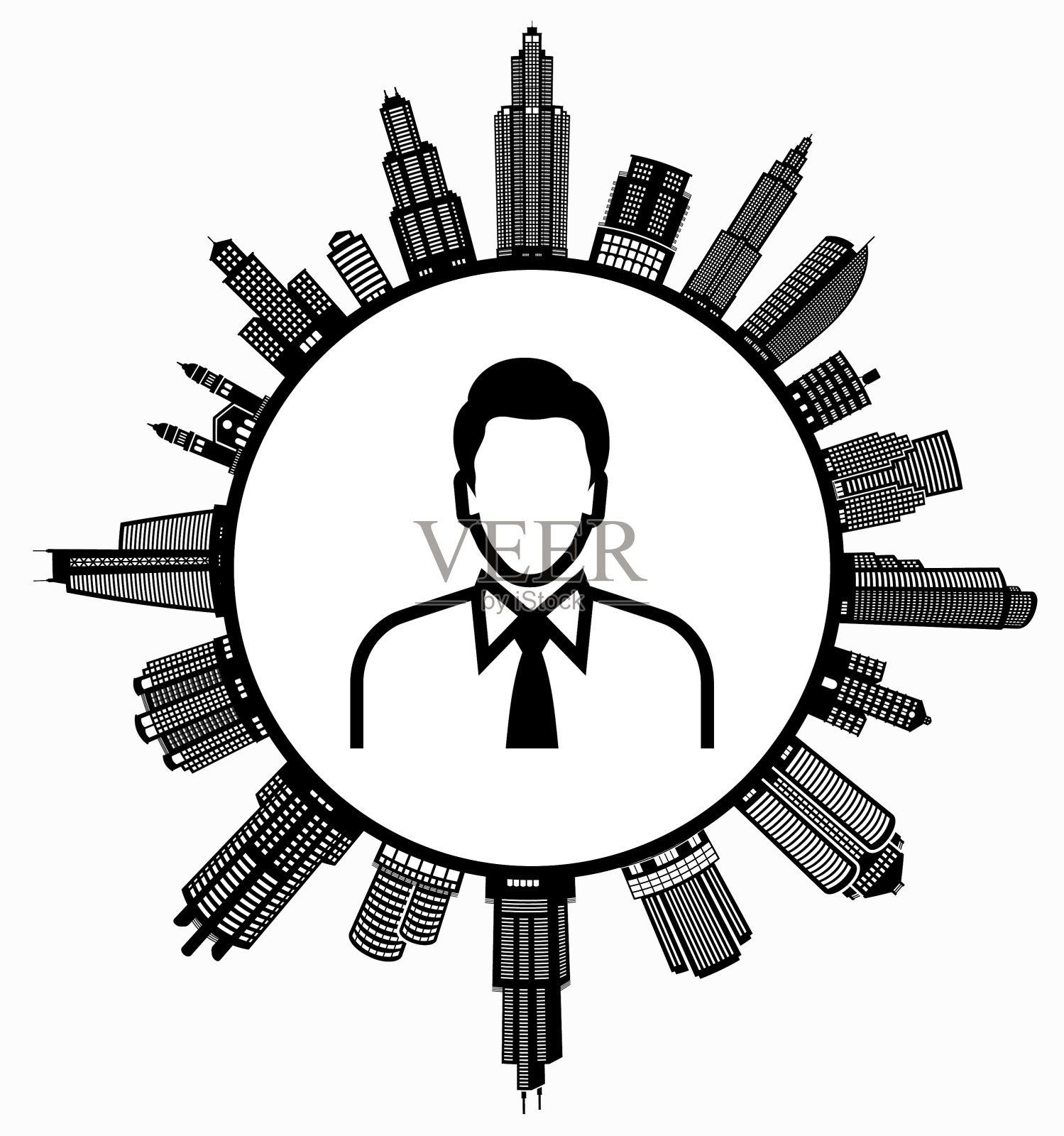 男人的脸肖像在现代城市景观天际线背景插画图片素材