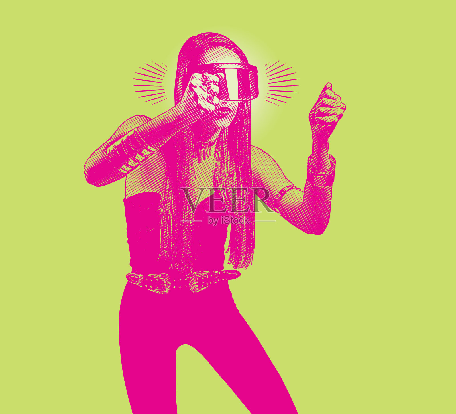 美丽的年轻女子使用虚拟现实模拟器插画图片素材