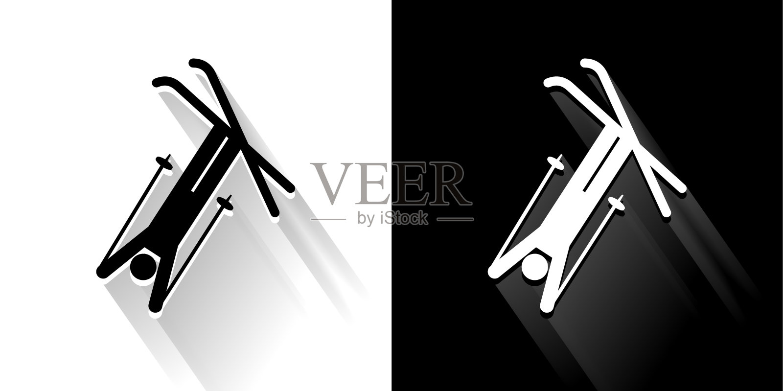 滑雪技术黑色和白色图标与长阴影插画图片素材