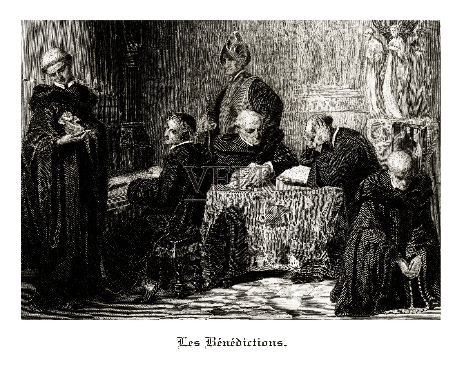 《修道院》,祝福,古法语《修道院》雕刻插图,1846年插画图片素材