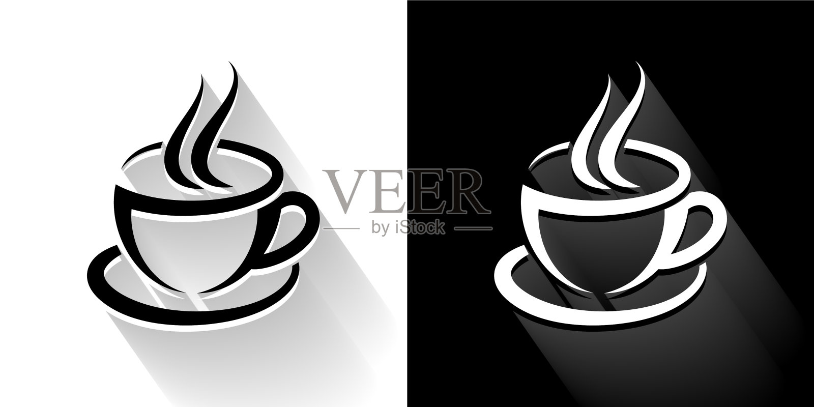 咖啡杯黑色和白色图标与长影子插画图片素材
