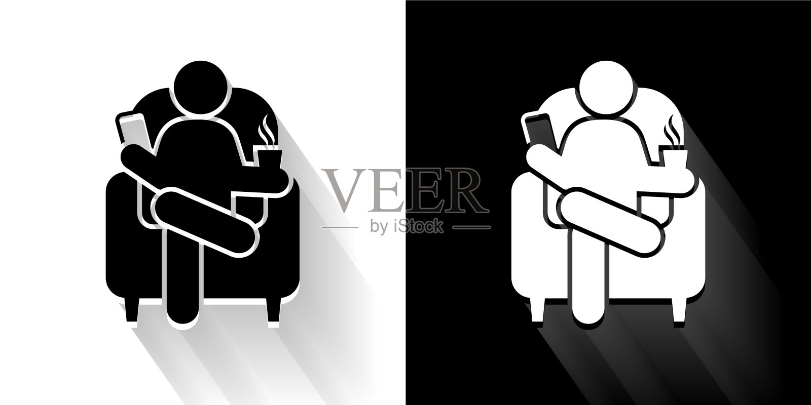 饮用和阅读黑色和白色图标与长影子插画图片素材