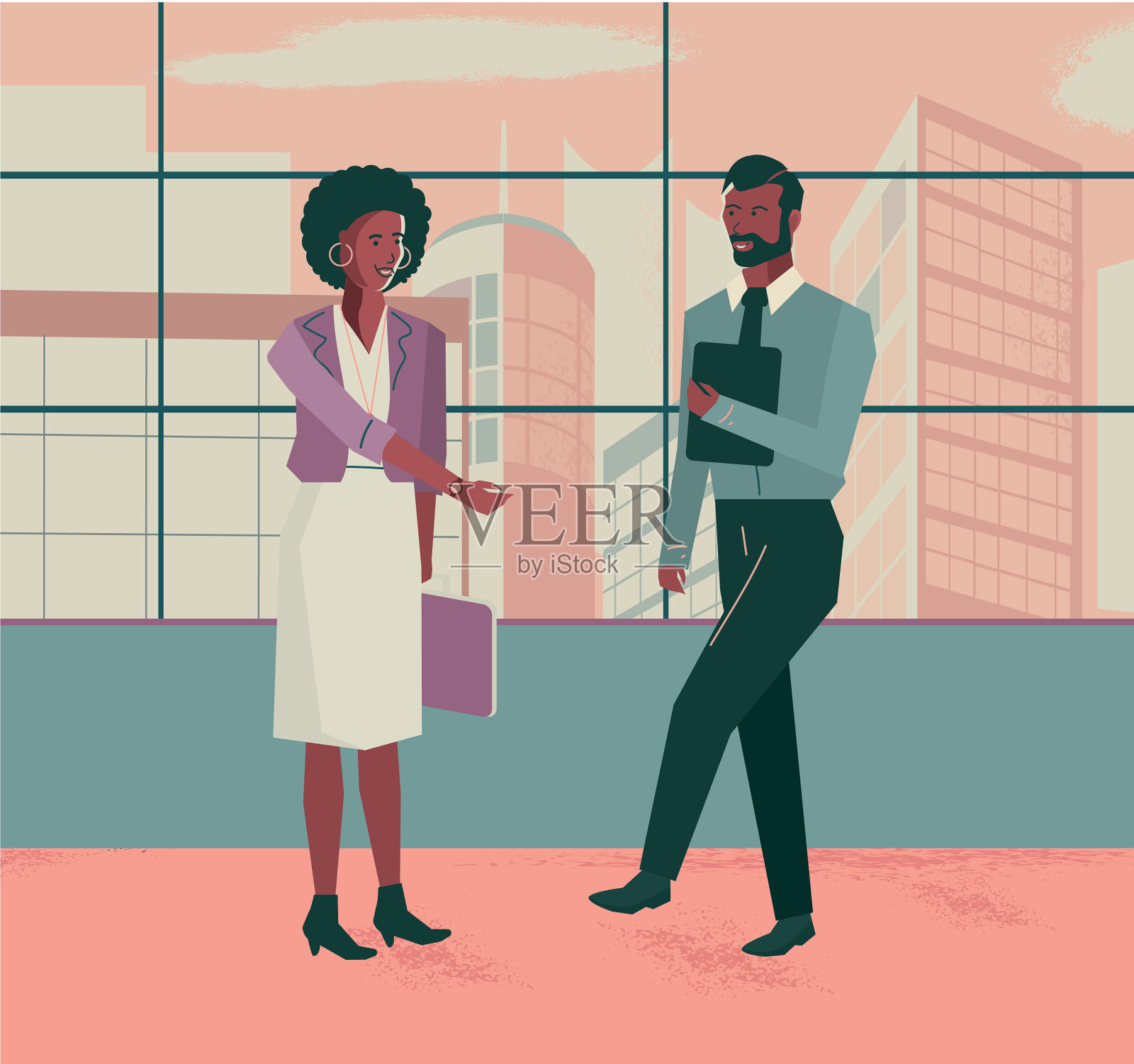 两名商务人士用轻拍鞋子的方式来打招呼插画图片素材