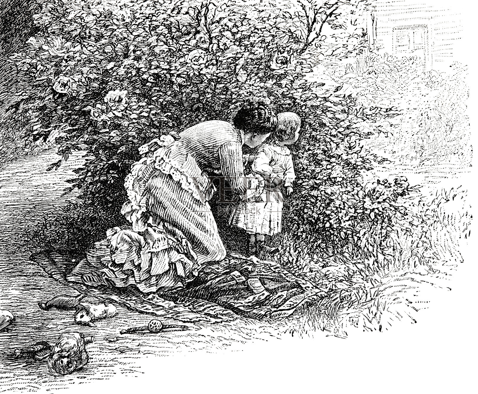 妈妈跪在灌木丛中一个小女孩的旁边插画图片素材