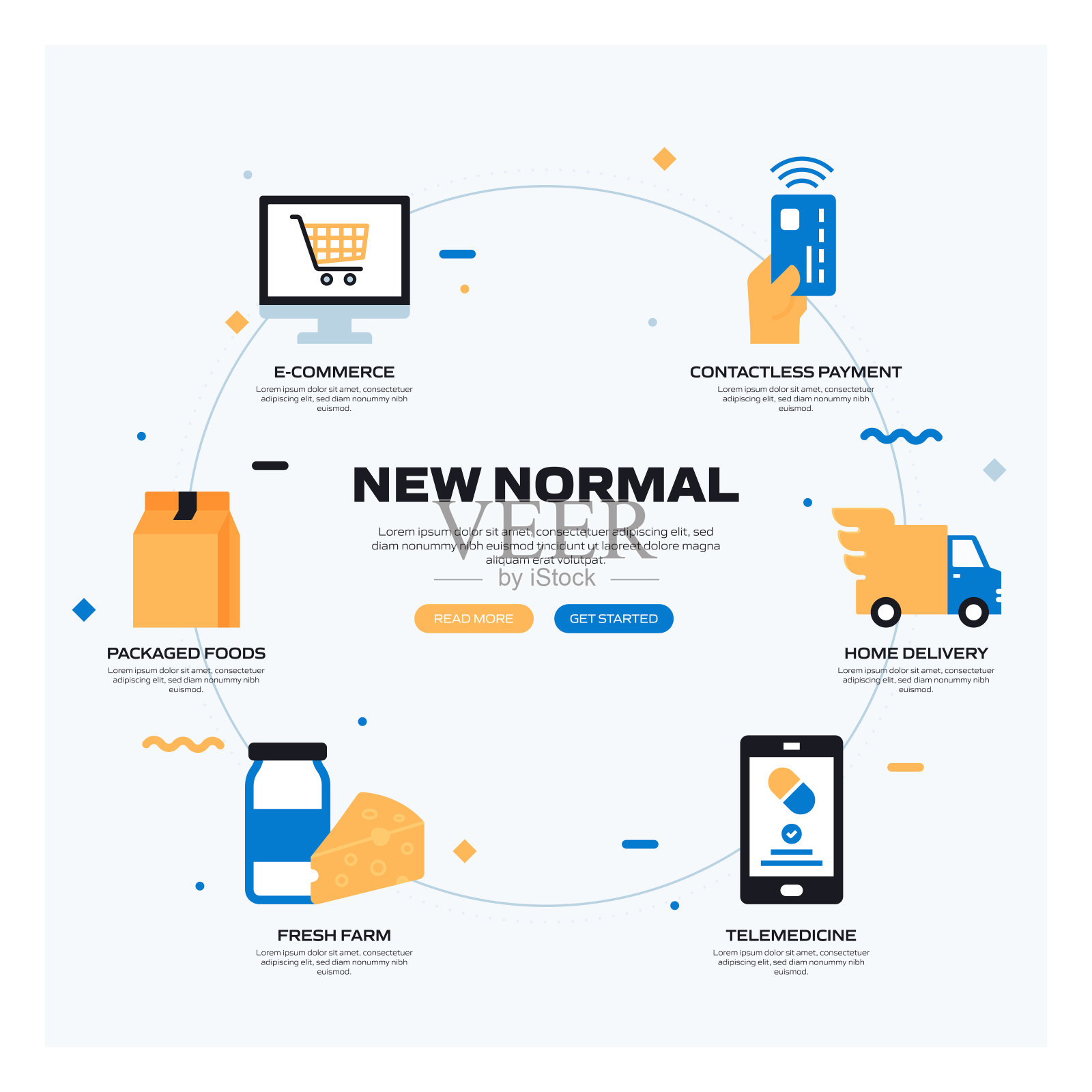 新常态相关的平面风格横幅设计与图标,矢量插图。冠状病毒概念插画图片素材