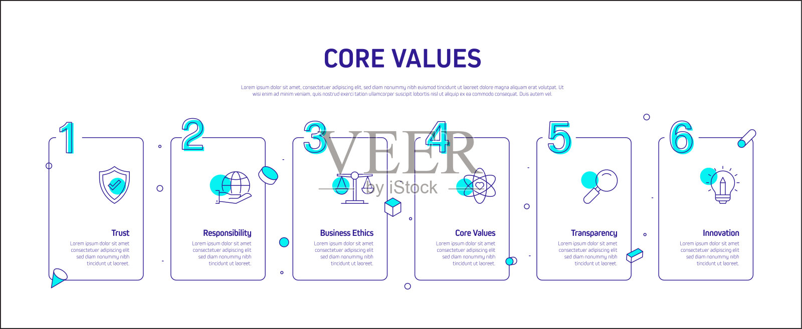 核心价值相关流程信息图模板。过程时间图。使用线性图标的工作流布局插画图片素材