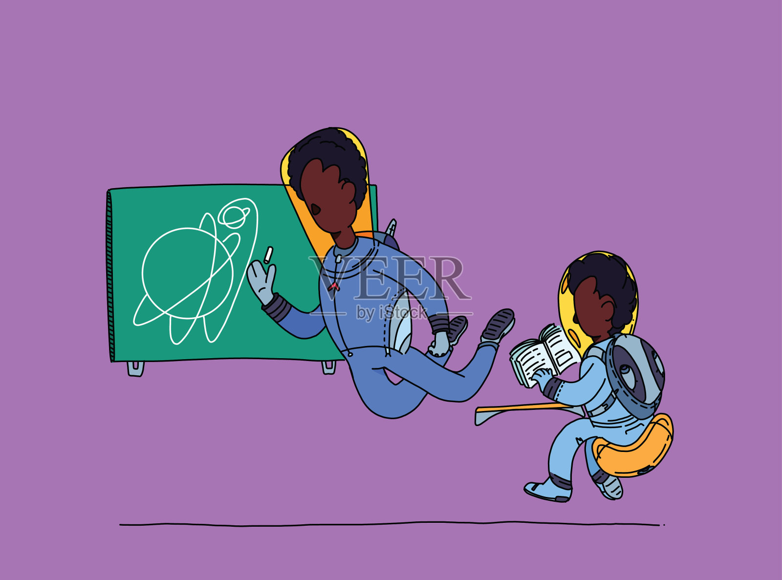 教师和学生在学校的非洲民族,学习物理。戴着面具,在太空中保持社交距离。插画图片素材