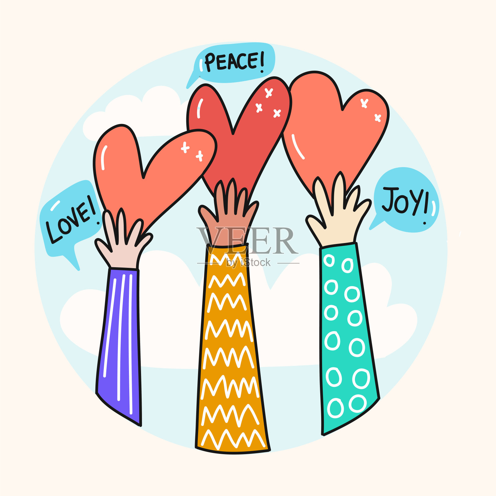 爱,和平,快乐相关可爱涂鸦插画插画图片素材