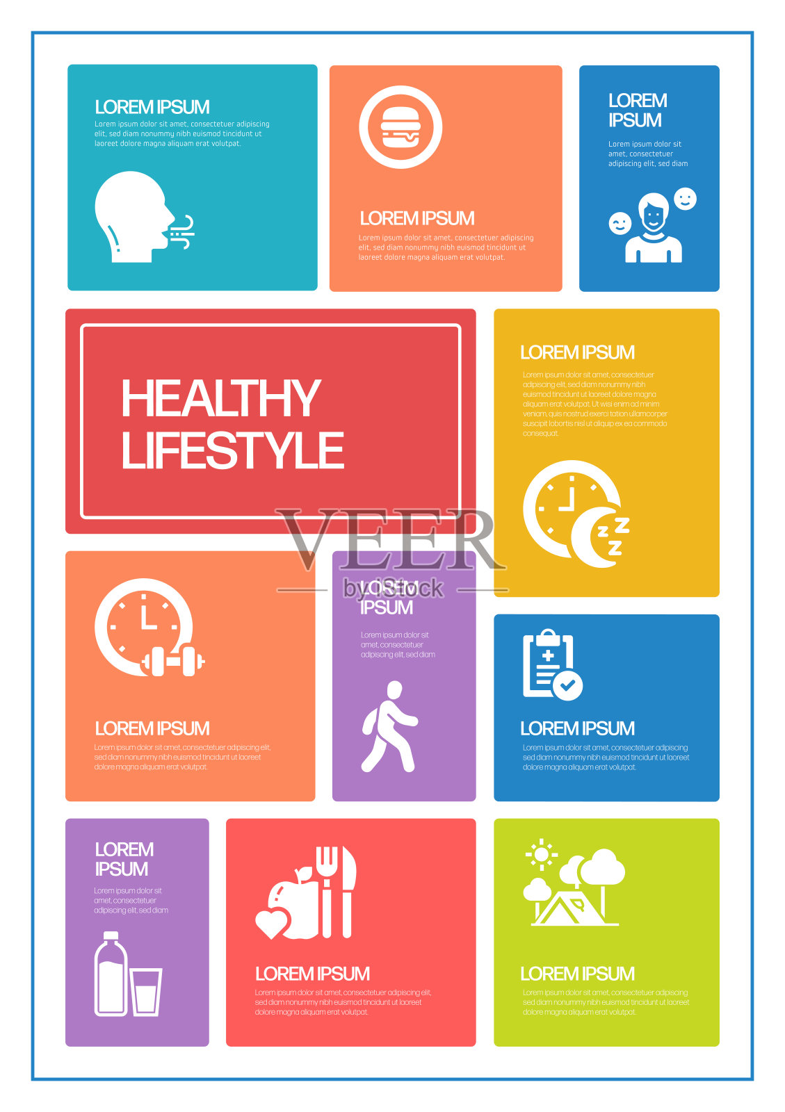 健康生活方式相关过程信息图表模板。过程时间图。使用线性图标的工作流布局插画图片素材