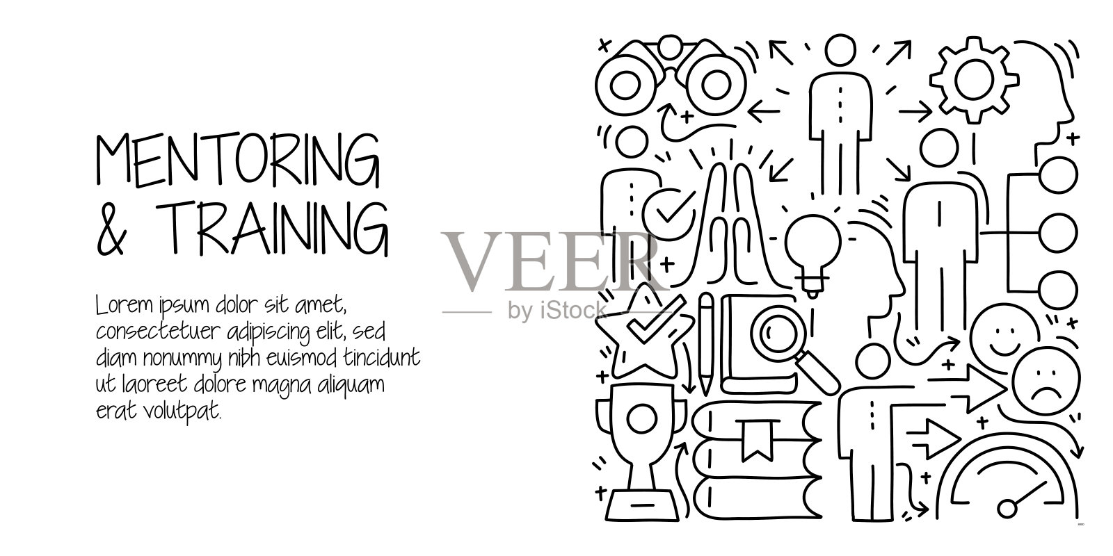 指导和培训相关的涂鸦插图。现代设计矢量插图的网页横幅,网站标题等。插画图片素材