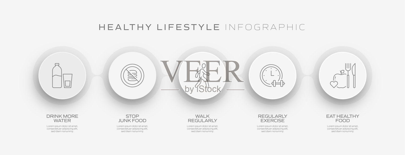 健康生活方式相关过程信息图表模板。过程时间图。使用线性图标的工作流布局插画图片素材