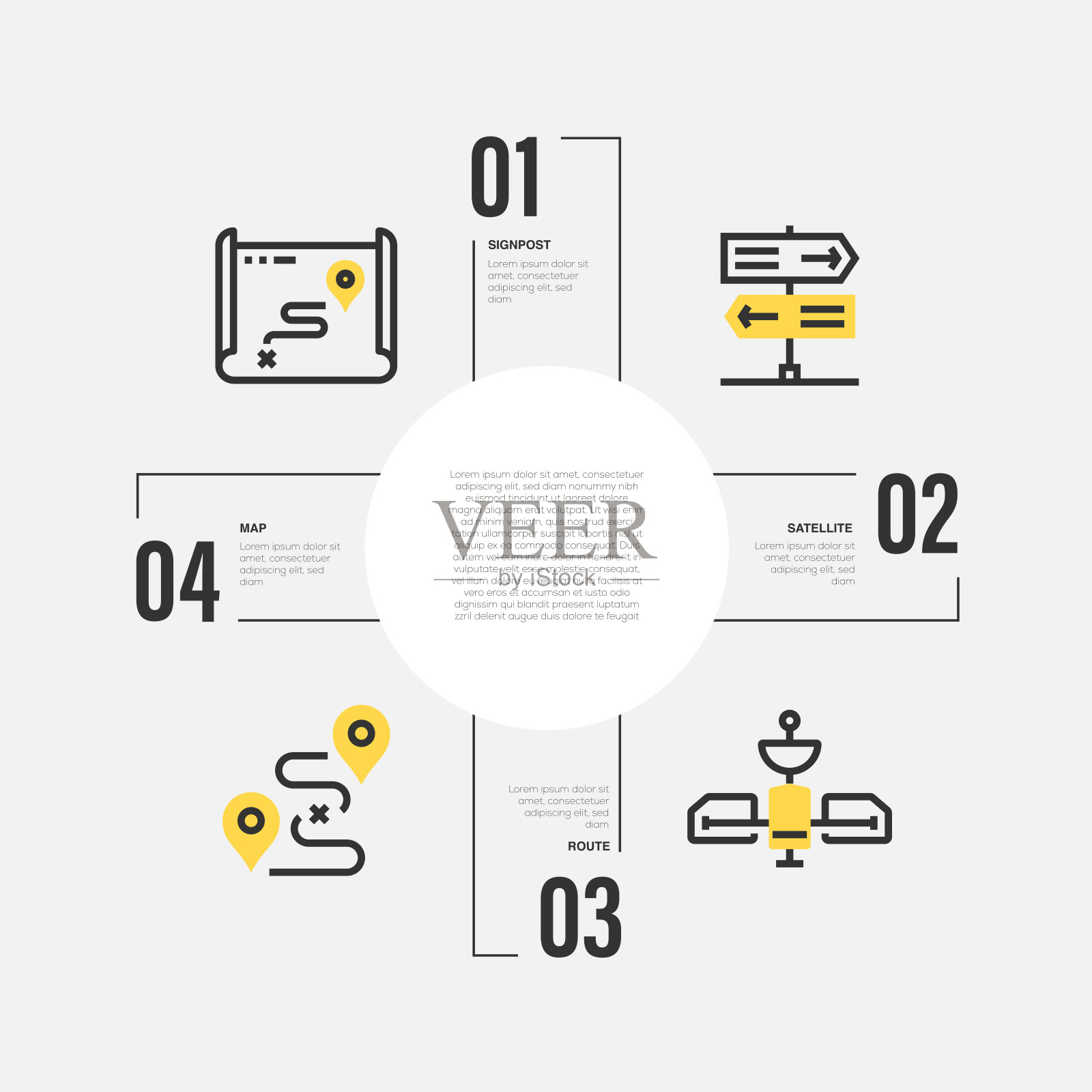 信息图表设计模板。地图,路标,卫星,路线图标与4个选项或步骤。插画图片素材