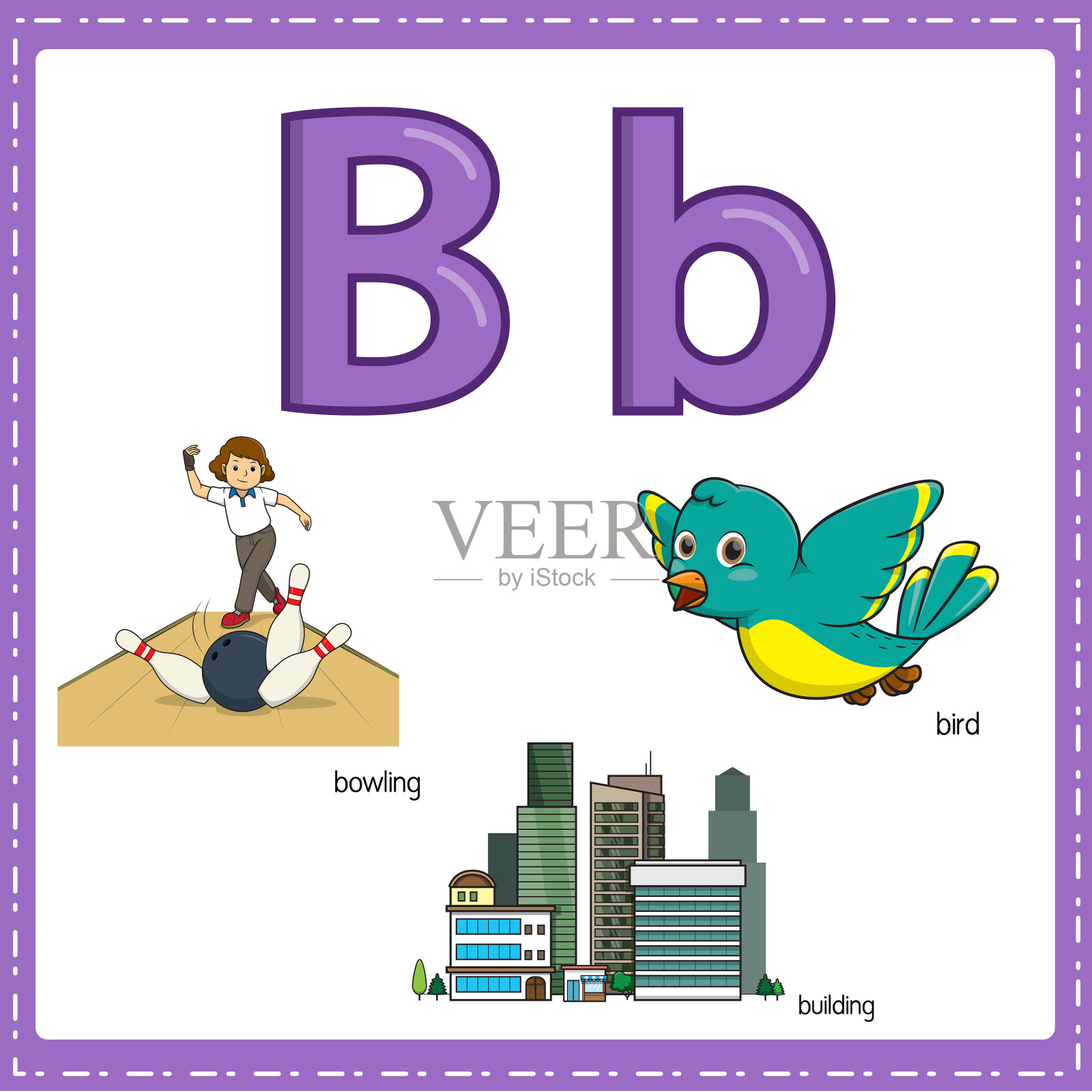 向量插图学习字母B的小写和大写的儿童与3卡通图像。保龄球建筑鸟。插画图片素材