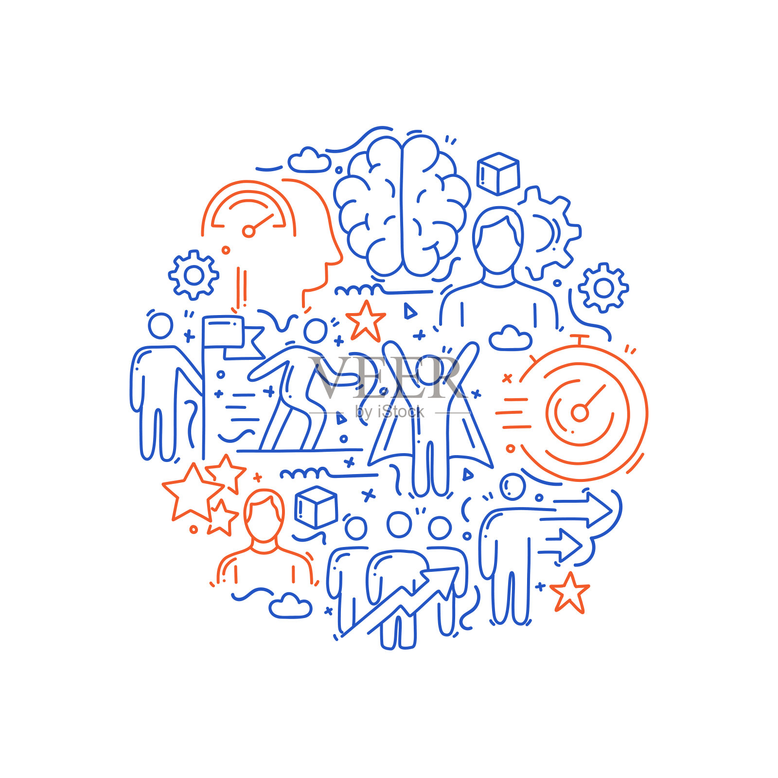 性能管理相关对象和元素。手绘矢量涂鸦插图集合。手绘图案设计插画图片素材