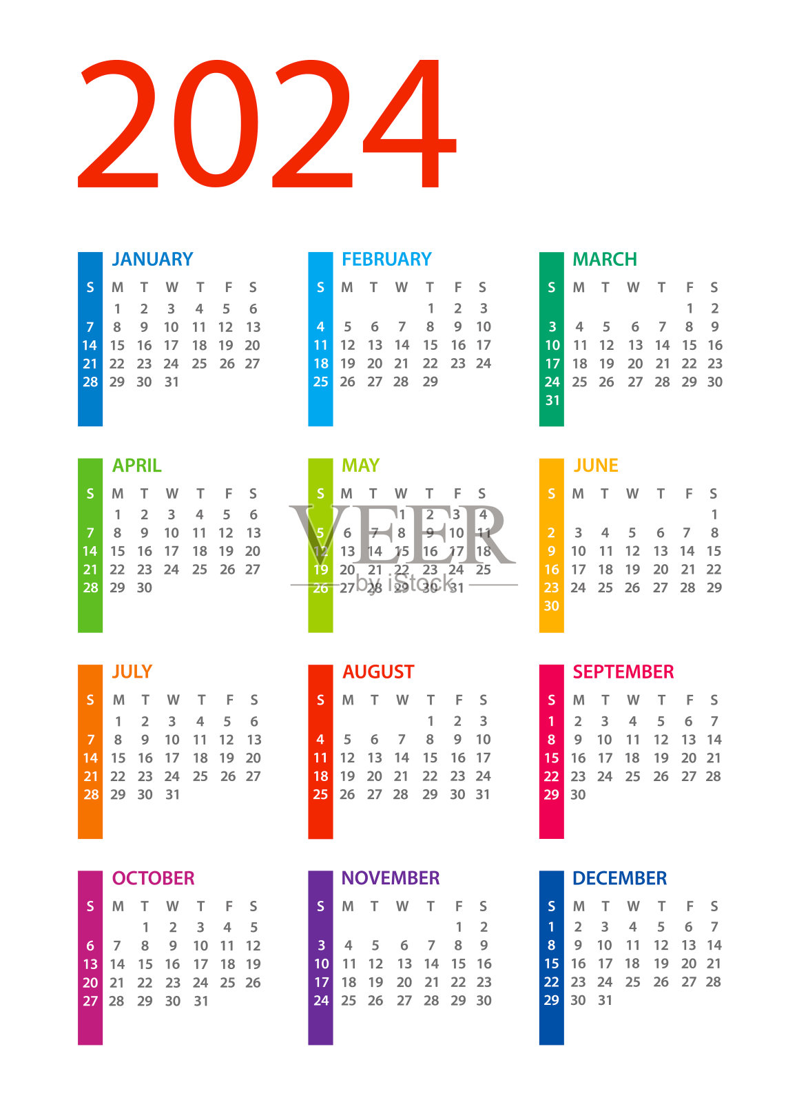 日历2024垂直彩色矢量插图。一周从周日开始插画图片素材