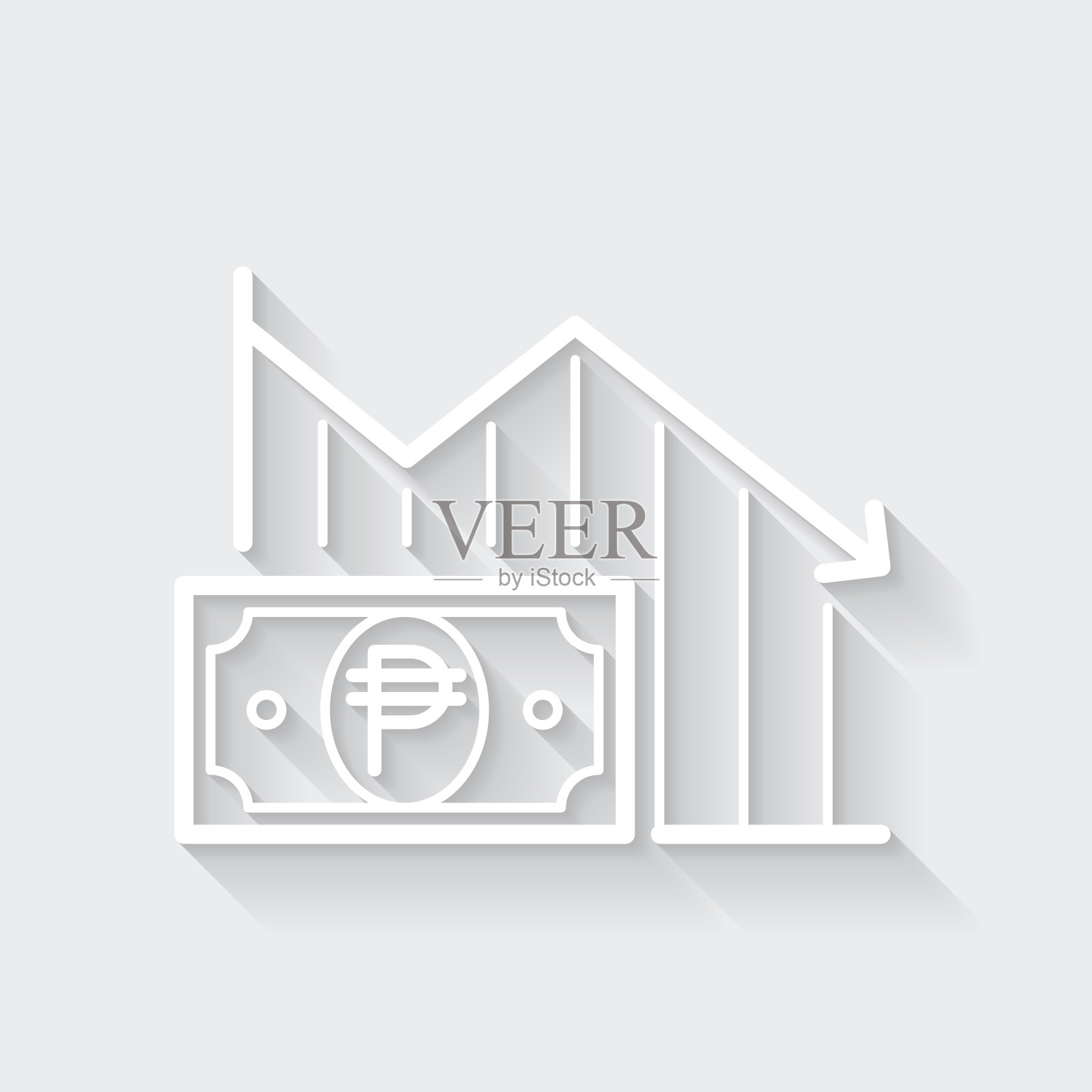 随比索钞票下跌的图表。图标与空白背景上的长阴影-平面设计插画图片素材