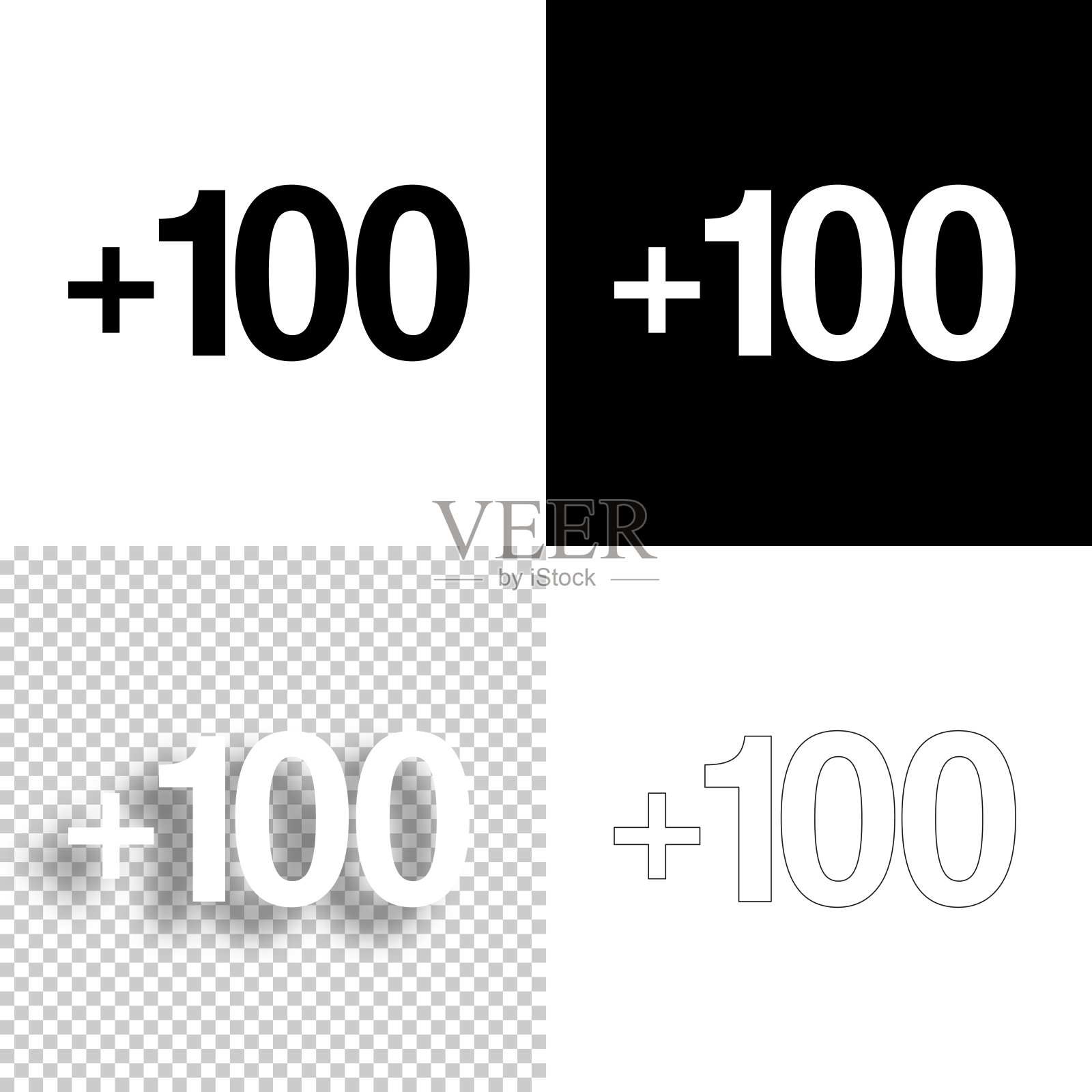 +100, +100。图标设计。空白,白色和黑色背景-线图标插画图片素材