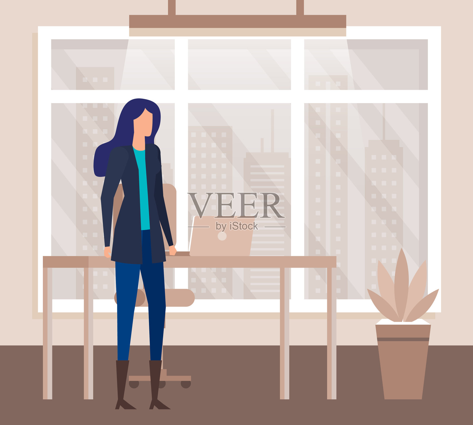 优雅的女商人在办公室工作插画图片素材