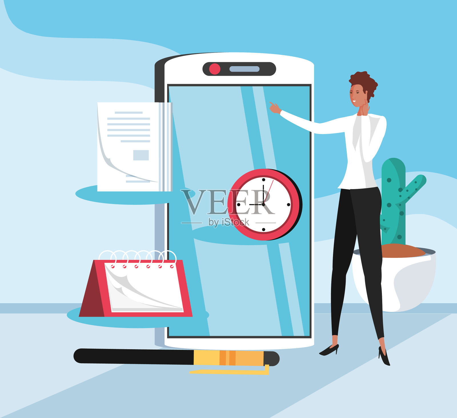 迷你商务女性与智能手机在插画图片素材