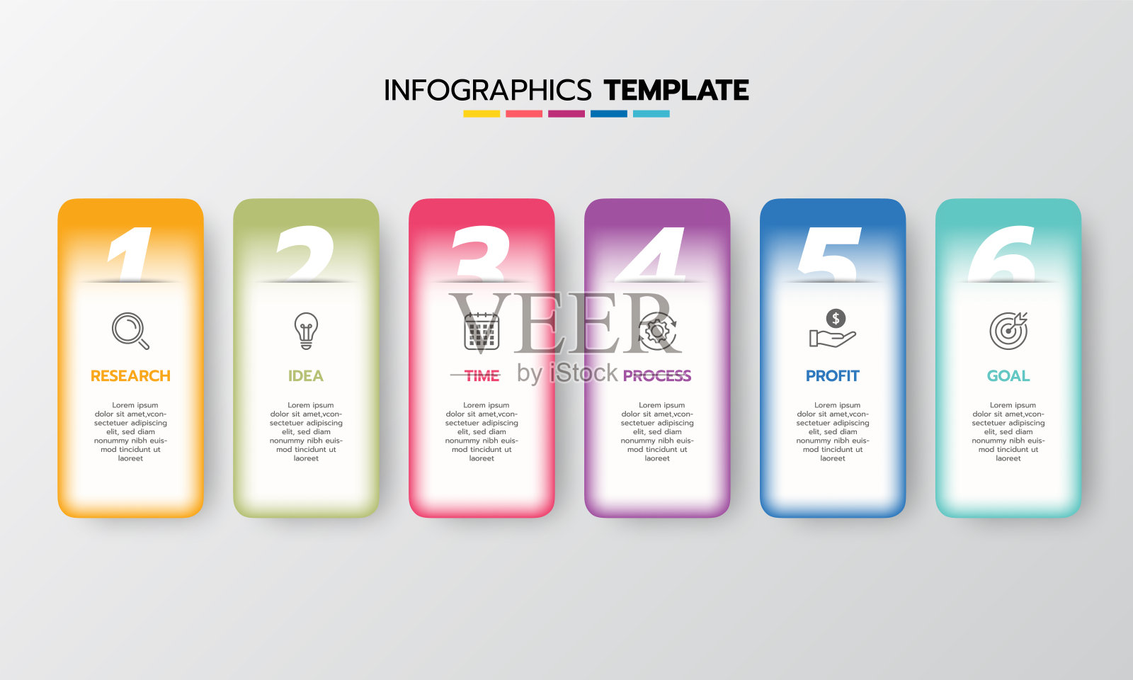 商业信息图表模板过程与简单的几何正方形,矩形,圆形,三角形,曲线在平面设计模板与细线图标和6个选项或步骤。矢量插图。插画图片素材