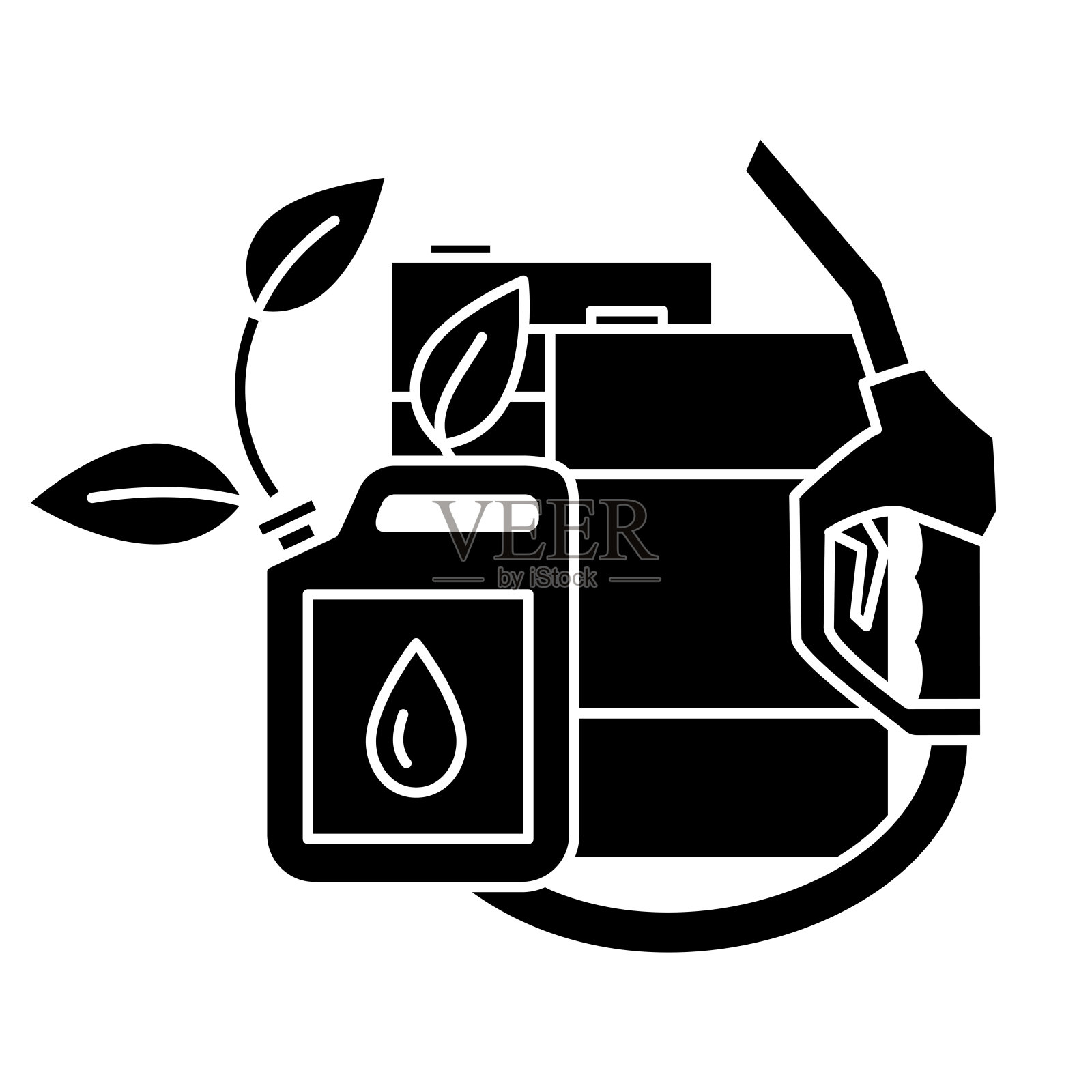 带有绿色叶片的泵喷嘴,油桶和燃料筒。生态生物燃料的概念。环保工业,替代能源的象征插画图片素材