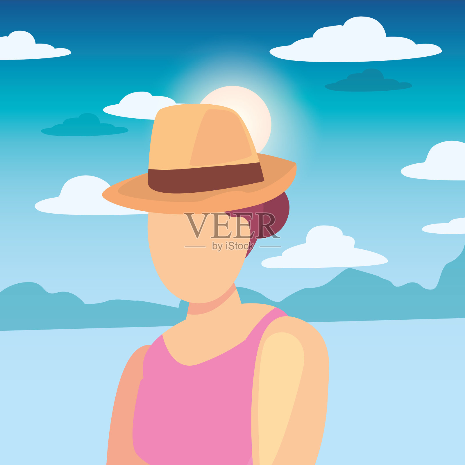 美丽的女人与泳装和帽子夏天的时间插画图片素材