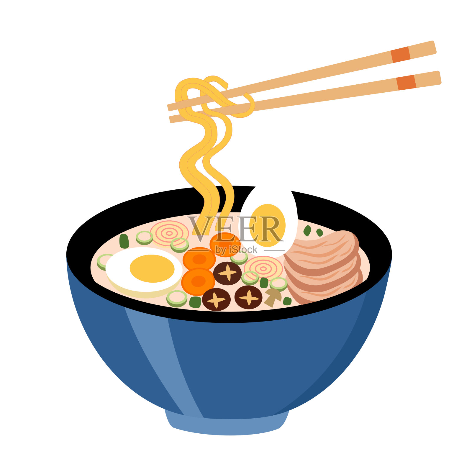 拉面日本汤碗在白色背景平面设计。亚洲餐。插画图片素材