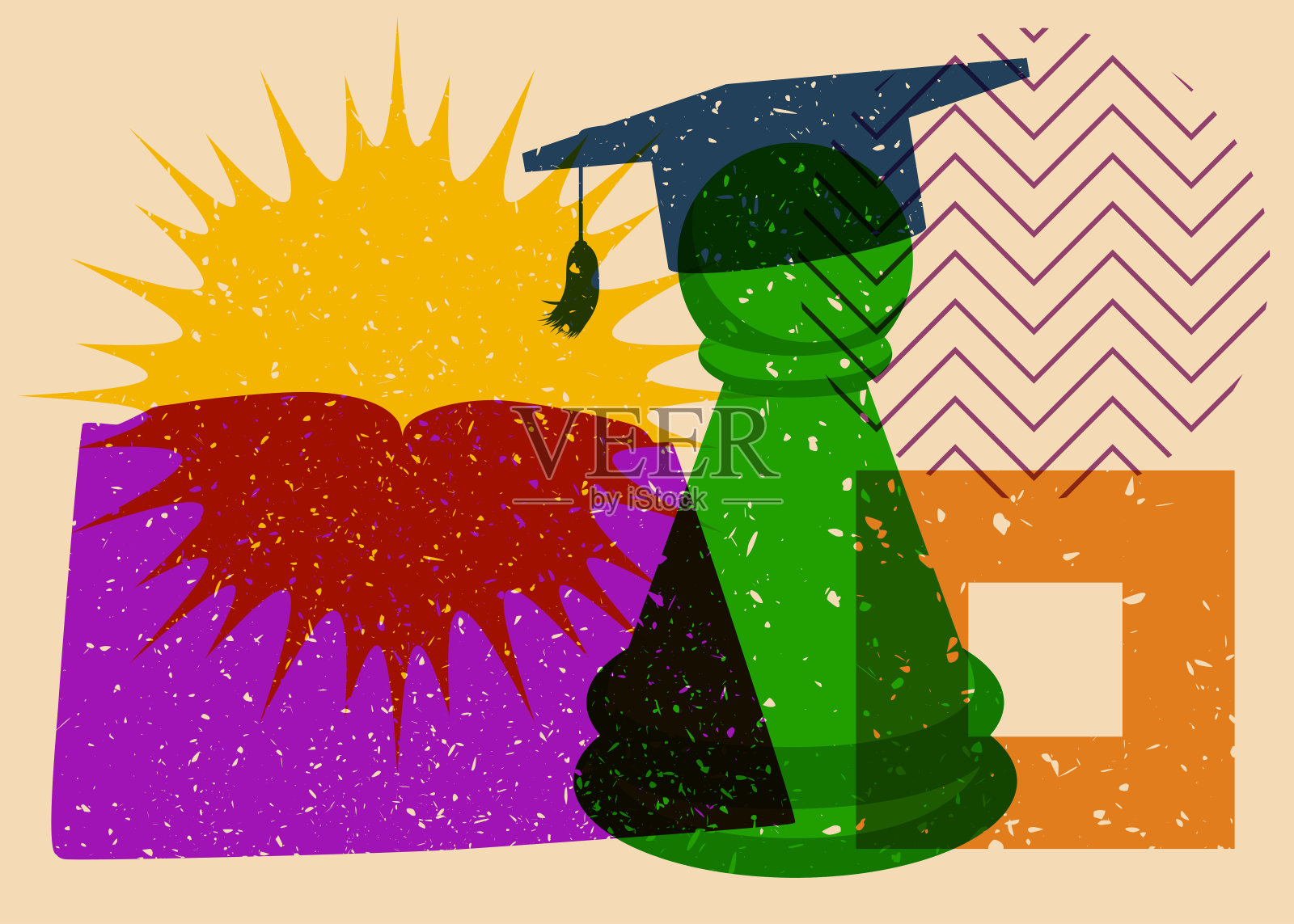 Risograph返校概念艺术与国际象棋棋子,书,毕业帽和几何形状。具有时尚riso图形设计方面的教育背景。插画图片素材